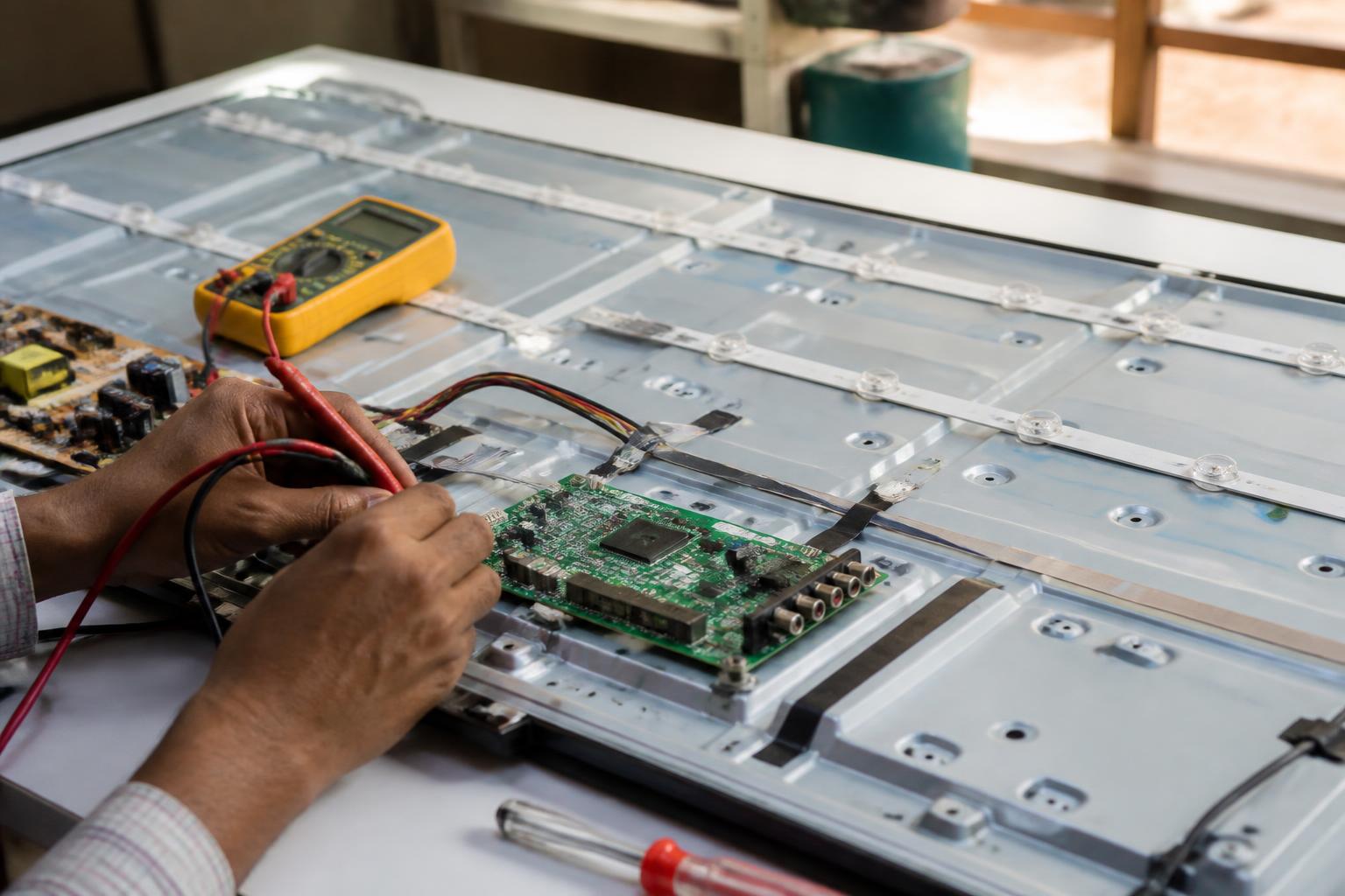 LED TV circuit board and backlight being tested with a multimeter